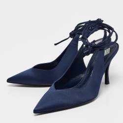 Pre Owned The Attico Navy Blue Satin Venus Ankle Tie Pumps Size 39.5