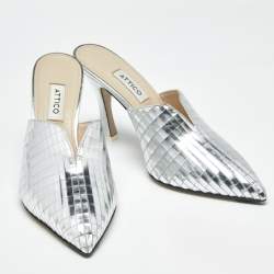 Pre Owned The Attico Silver Laminated Leather Monica Mules Size 39
