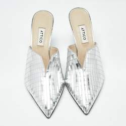 Pre Owned The Attico Silver Laminated Leather Monica Mules Size 39