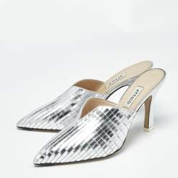 Pre Owned The Attico Silver Laminated Leather Monica Mules Size 39