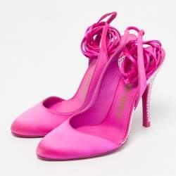 Pre Owned The Attico Fuchsia Satin Venus Pointed Toe Ankle Wrap Pumps Size 38