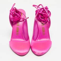 Pre Owned The Attico Fuchsia Satin Venus Pointed Toe Ankle Wrap Pumps Size 38