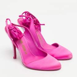 Pre Owned The Attico Fuchsia Satin Venus Pointed Toe Ankle Wrap Pumps Size 38