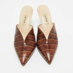 مملوكة مسبقًا The Attico Brown/Cream Croc Embossed Leather Chloe Mules Size 38
