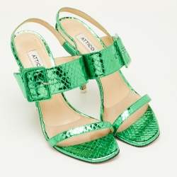 Pre Owned The Attico Mariah Size 40 Metallic Green Python Embossed Leather Ankle Strap Sandals