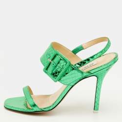 Pre Owned The Attico Mariah Size 40 Metallic Green Python Embossed Leather Ankle Strap Sandals