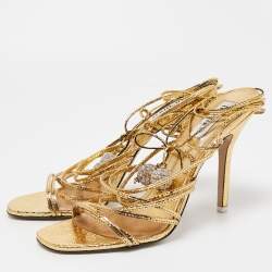 Pre Owned The Attico Metallic Gold Leather Ankle Wrap Sandals Size 41