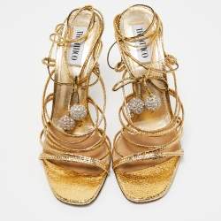 Pre Owned The Attico Metallic Gold Leather Ankle Wrap Sandals Size 41