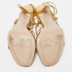 Pre Owned The Attico Metallic Gold Leather Ankle Wrap Sandals Size 41