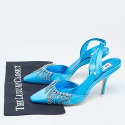 Pre Owned The Attico Blue Satin Crystal Embellished Slingback Pumps Size 38