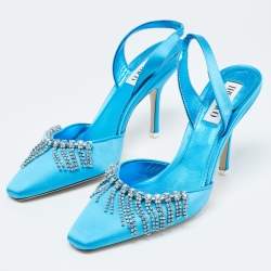 Pre Owned The Attico Blue Satin Crystal Embellished Slingback Pumps Size 38