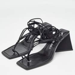 Pre Owned The Attico Black Satin and Leather Mona Ankle Wrap Sandals Size 38