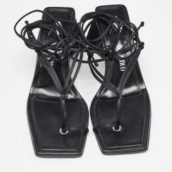 Pre Owned The Attico Black Satin and Leather Mona Ankle Wrap Sandals Size 38