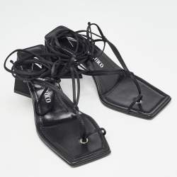 Pre Owned The Attico Black Satin and Leather Mona Ankle Wrap Sandals Size 38