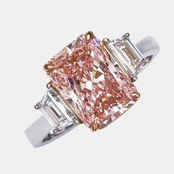 3.70 cts Pink Radiant Cut and Baguette 18k Two Tone Gold Ring Size 52