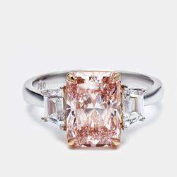 3.70 cts Pink Radiant Cut and Baguette 18k Two Tone Gold Ring Size 52