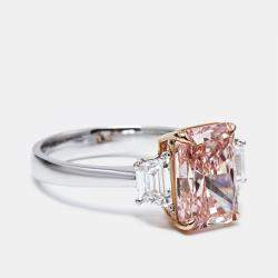 3.70 cts Pink Radiant Cut and Baguette 18k Two Tone Gold Ring Size 52