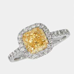 2.00 cts Yellow Cushion Cur and Round Lab Grown Diamond 18k White Gold Ring Size 51