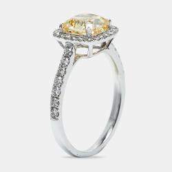 2.00 cts Yellow Cushion Cur and Round Lab Grown Diamond 18k White Gold Ring Size 51