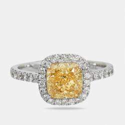 2.00 cts Yellow Cushion Cur and Round Lab Grown Diamond 18k White Gold Ring Size 51