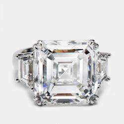 18.50 cts Asscher Cut and Trapezoid Lab Grown Diamond 18k White Gold Ring Size 52