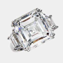 18.50 cts Asscher Cut and Trapezoid Lab Grown Diamond 18k White Gold Ring Size 52