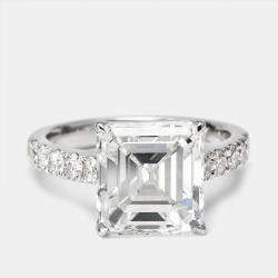 5.50 cts Asscher and Round Lab Grown Diamond 18k White Gold Ring Size 51