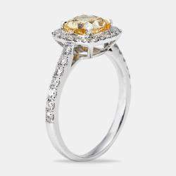 2.00 cts Yellow Cushion and Round Lab Grown Diamond 18k White Gold Ring Size 51