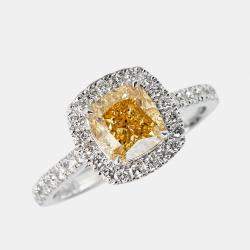 2.00 cts Yellow Cushion and Round Lab Grown Diamond 18k White Gold Ring Size 51