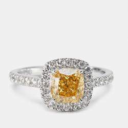 2.00 cts Yellow Cushion and Round Lab Grown Diamond 18k White Gold Ring Size 51