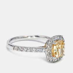 2.00 cts Yellow Cushion and Round Lab Grown Diamond 18k White Gold Ring Size 51