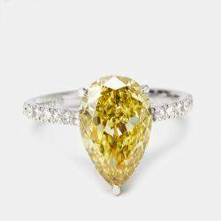 4.50 cts Yellow Pear and Round Lab Grown Diamond 18k White Gold Ring Size 52