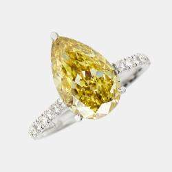 4.50 cts Yellow Pear and Round Lab Grown Diamond 18k White Gold Ring Size 52