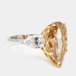 13.16 cts Orange Pear Lab Grown Diamond 18k Two Tone Gold Ring Size 52