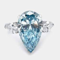 7.05 cts Blue Pear Cut Lab Grown Diamond 18k White Gold Ring Size 53