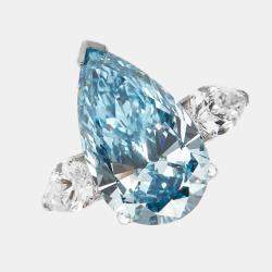 7.05 cts Blue Pear Cut Lab Grown Diamond 18k White Gold Ring Size 53