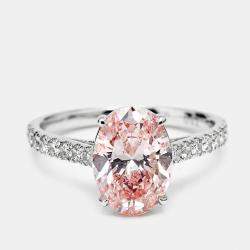 2.30 cts Pink Oval and Round Lab Grown Diamond 18k White Gold Ring Size 51