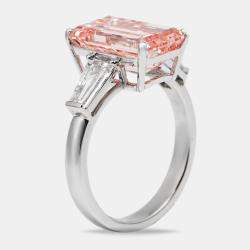 5.80 cts Pink Emerald and Trapezoid Lab Grown Diamond 18k White Gold Ring Size 53