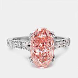 Pre Owned 4.80 cts Pink Oval Cut and Round Lab Grown Diamond 18k White Gold Ring Size 53