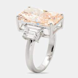 9.00 cts Orangish Pink Radiant Cut and Trapezoid Lab Grown Diamond 18k White Gold Ring Size 53