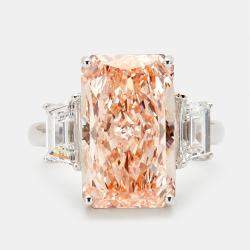9.00 cts Orangish Pink Radiant Cut and Trapezoid Lab Grown Diamond 18k White Gold Ring Size 53