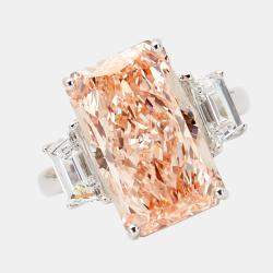 9.00 cts Orangish Pink Radiant Cut and Trapezoid Lab Grown Diamond 18k White Gold Ring Size 53