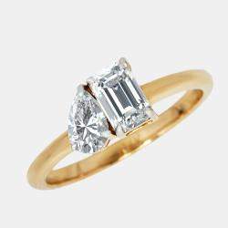 Pre Owned 1.00 cts Emerald Cut and Pear Lab Grown Diamond 18k Yellow Gold Ring Size 54