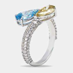 Pre Owned 3 cts Fancy Color Pear and Round Lab Grown Diamond 18k White Gold Ring Size 52