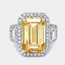 Pre Owned 11.6 cts Yellow Emerald Cut and Round Lab Grown Diamond 18k White Gold Ring Size 52