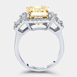 Pre Owned 11.6 cts Yellow Emerald Cut and Round Lab Grown Diamond 18k White Gold Ring Size 52