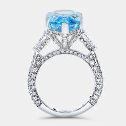 Pre Owned 13.3 cts Fancy Blue Pear Brilliant and Round 18k White Gold Lab Grown Diamonds Ring Size 54