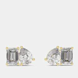 Pre Owned 2.00 cts Pear Cut and Emerald Cut 18k Yellow Gold Lab Grown Diamond Stud Earrings