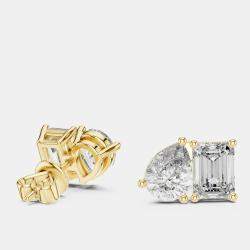 Pre Owned 2.00 cts Pear Cut and Emerald Cut 18k Yellow Gold Lab Grown Diamond Stud Earrings