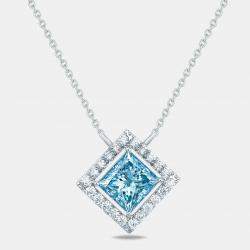 Pre Owned 3.5 cts Blue Princess Round Lab Grown Diamond 18k White Gold Necklace
